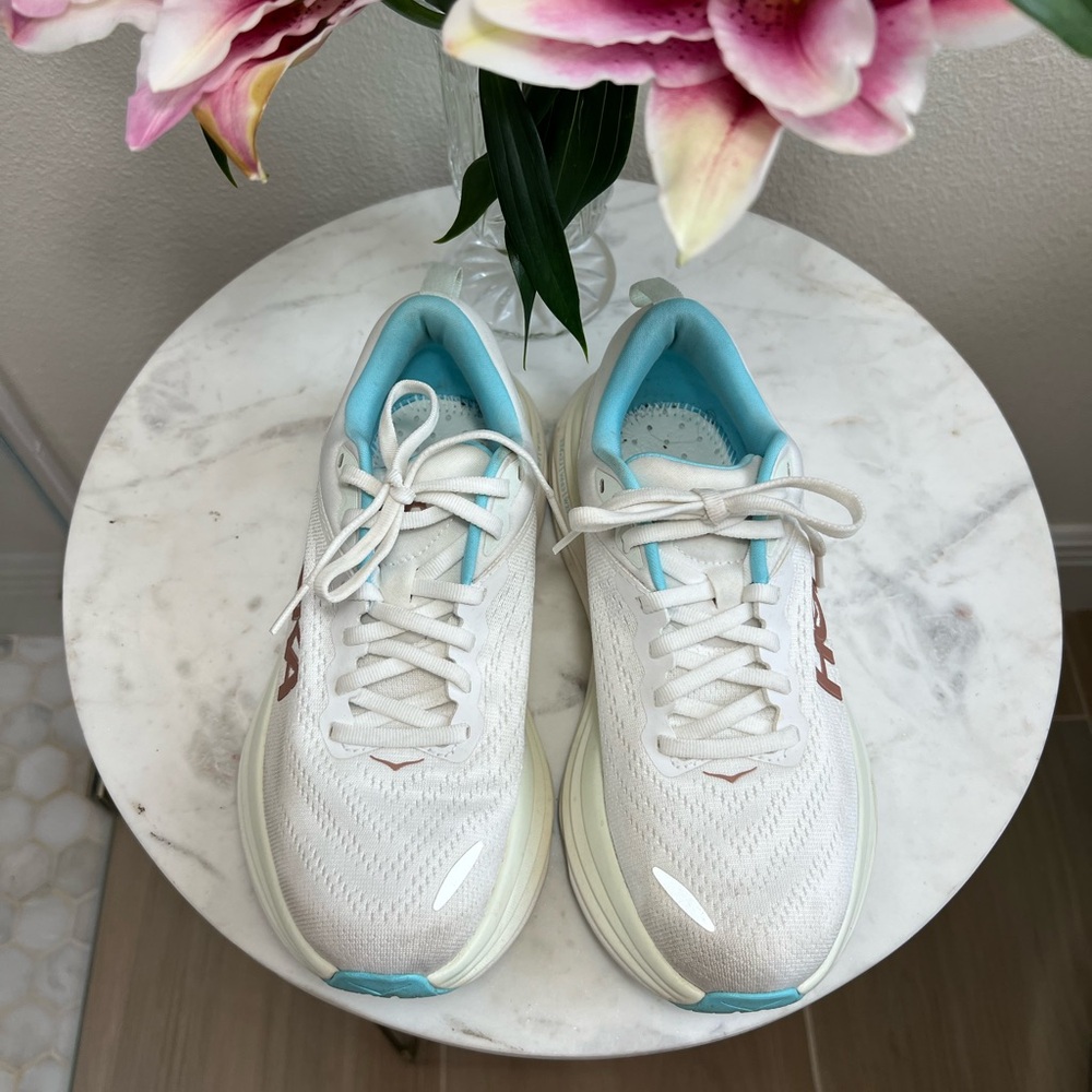 Women's White Hoka Bondi 8 Running Shoe side 6.5